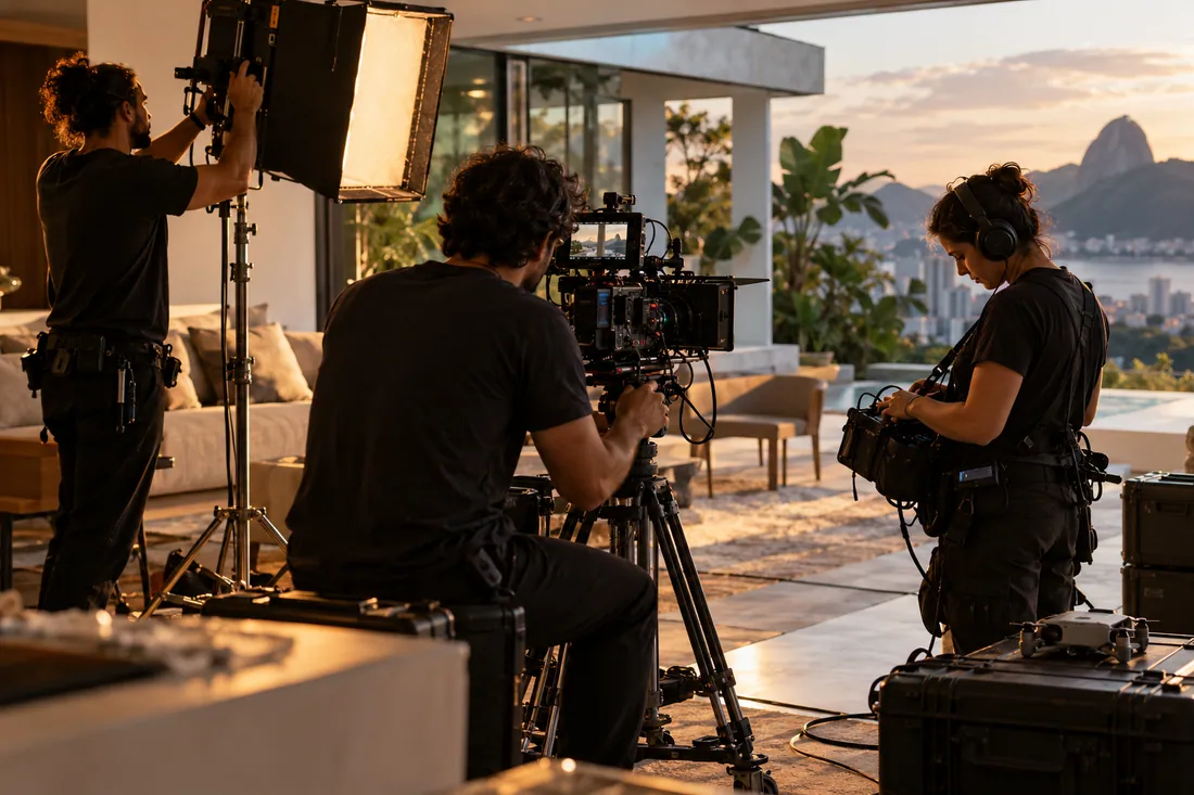 Imagem ilustrativa de uma equipe audiovisual com câmera, iluminação e captação de áudio.