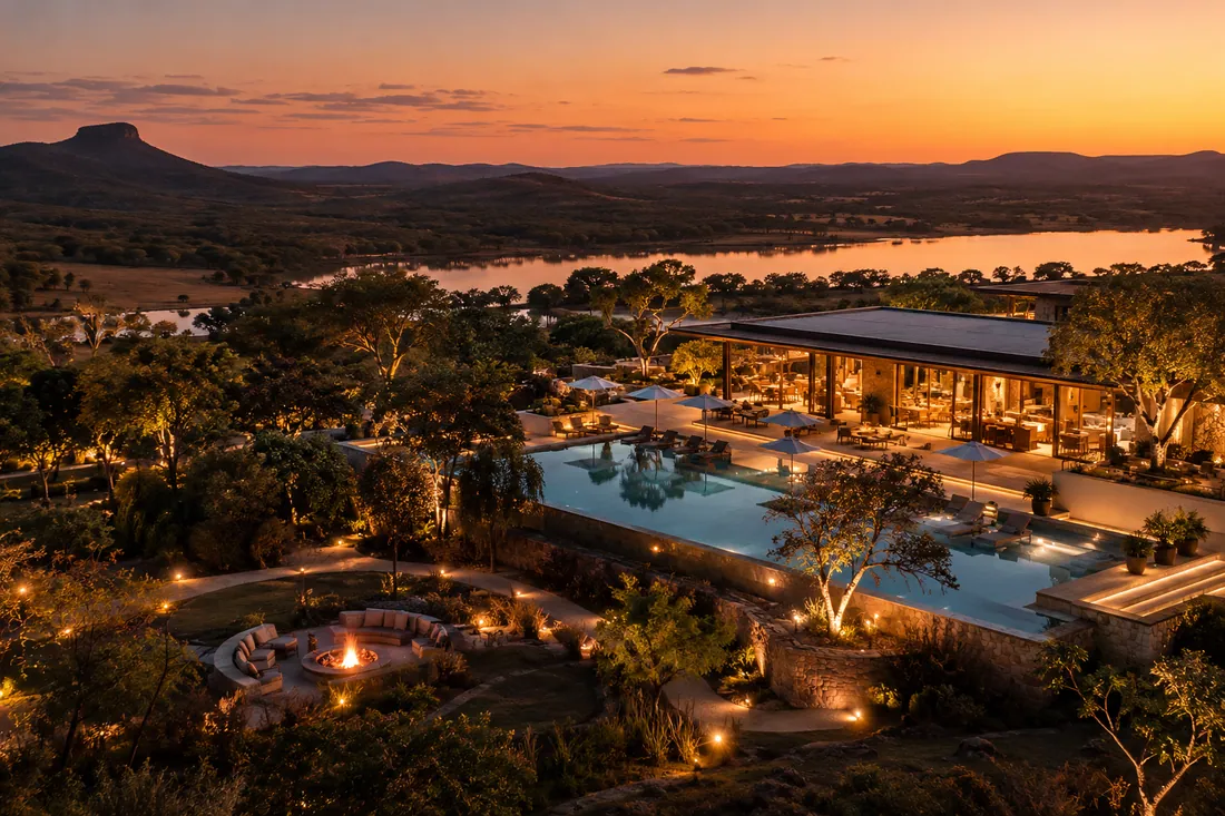 Imagem ilustrativa de um hotel e espaço de eventos junto à paisagem natural.